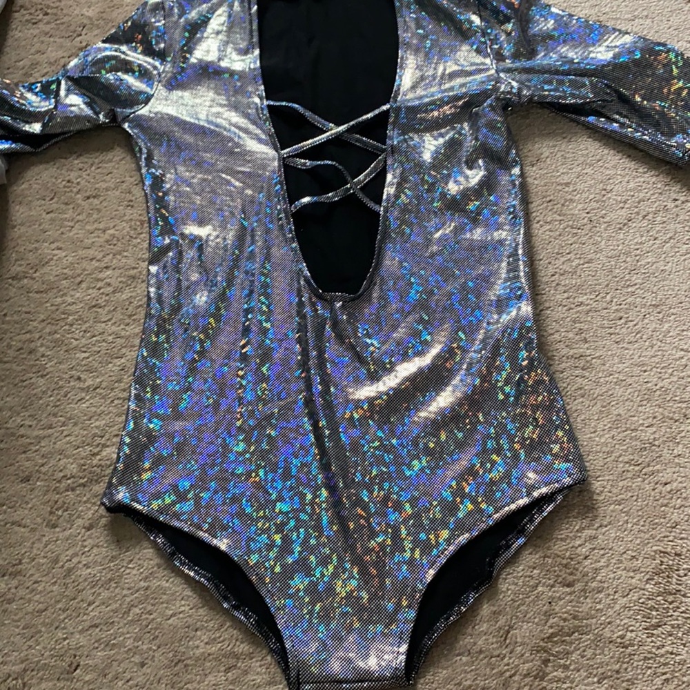NEW Silver Festival Holographic Monochrome Bodysuit Rave One Piece M